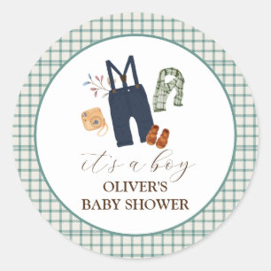 Vintage-Kariert Jungenkleidung Baby Shower Runder Aufkleber