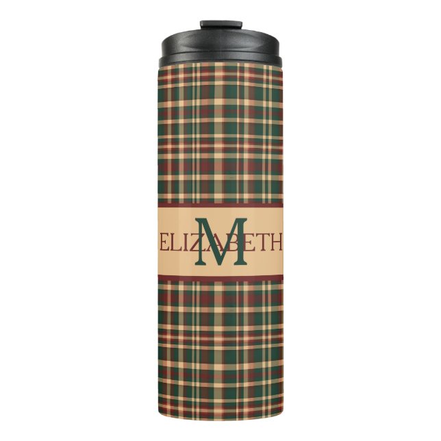 Vintage Karierte Monogramme in Rot und Grün Thermosbecher (Vorderseite)