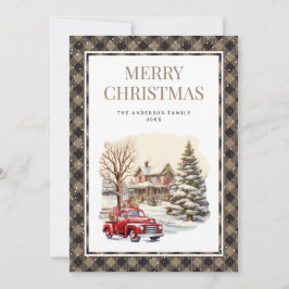 Vintage Karierte Red Truck Schnee Frohe Weihnachts Feiertagskarte