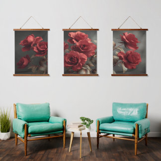 Vintage-Karmesinrosen-Triptychon - Stimmungsgelade Wandteppich Mit Holzrahmen
