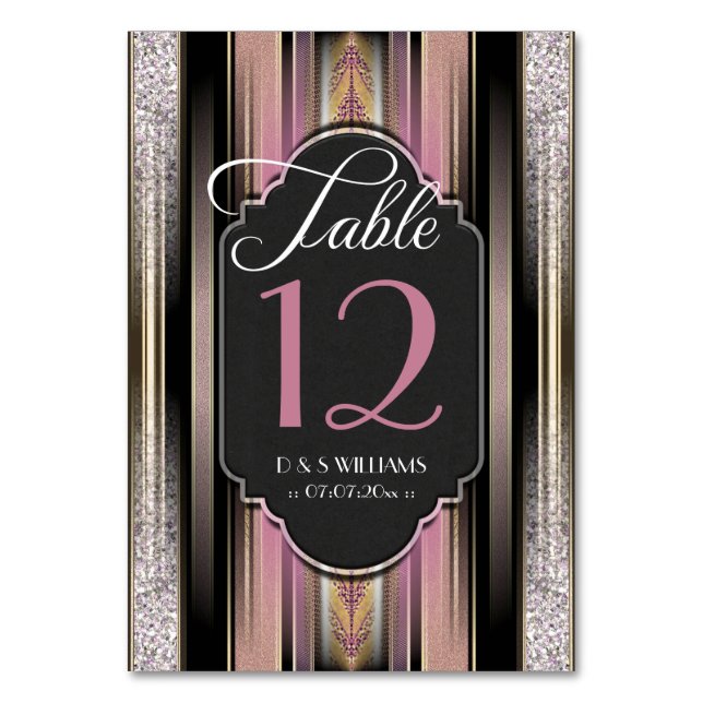 Vintage Karo-Rosa-Hochzeitskarten mit Tischnummer (Vorderseite)
