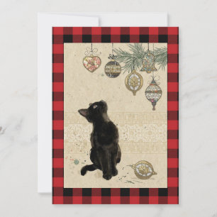 Vintage-Karo-Schwarze Katze, die Ornamente betrach Feiertagskarte