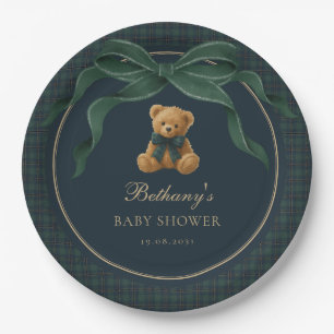 Vintage-Karo-Tartan-Teddybär-grüne Schleife Pappteller