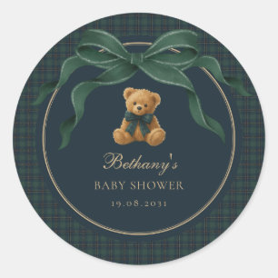 Vintage-Karo-Tartan-Teddybär mit gruner Schleife Runder Aufkleber