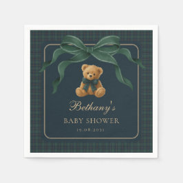Vintage-Karo-Tartan-Teddybär mit gruner Schleife Serviette