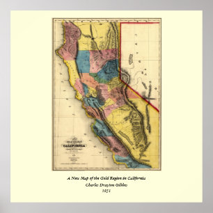 Vintage Karte 1851 California Gold Region Staat Poster