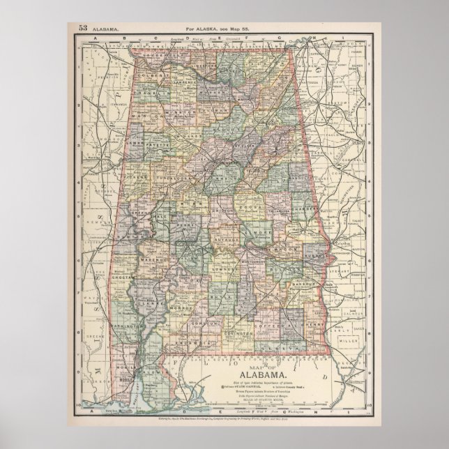 Vintage Karte Alabamas (1891) Poster (Vorne)