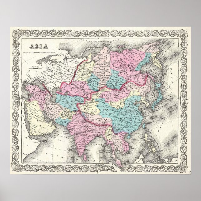 Vintage Karte Asiens (1855) Poster (Vorne)
