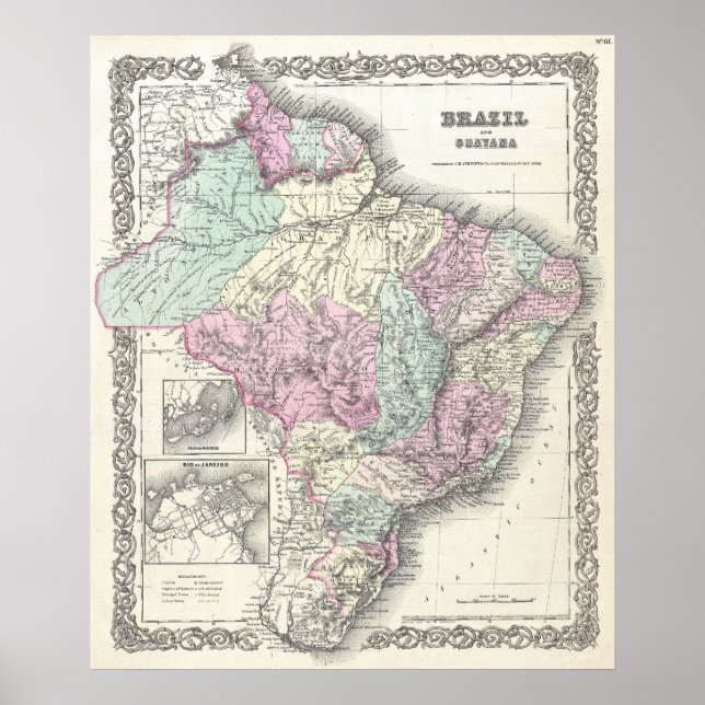 Vintage Karte Brasiliens (1855) Poster (Vorne)