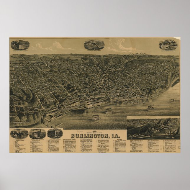 Vintage Karte Burlington Iowa (1889) Poster (Vorne)