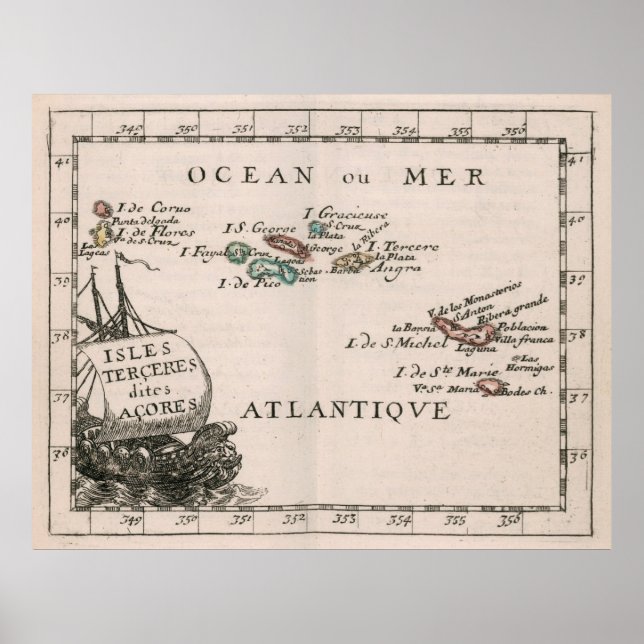 Vintage Karte der Azoren (1682) Poster (Vorne)