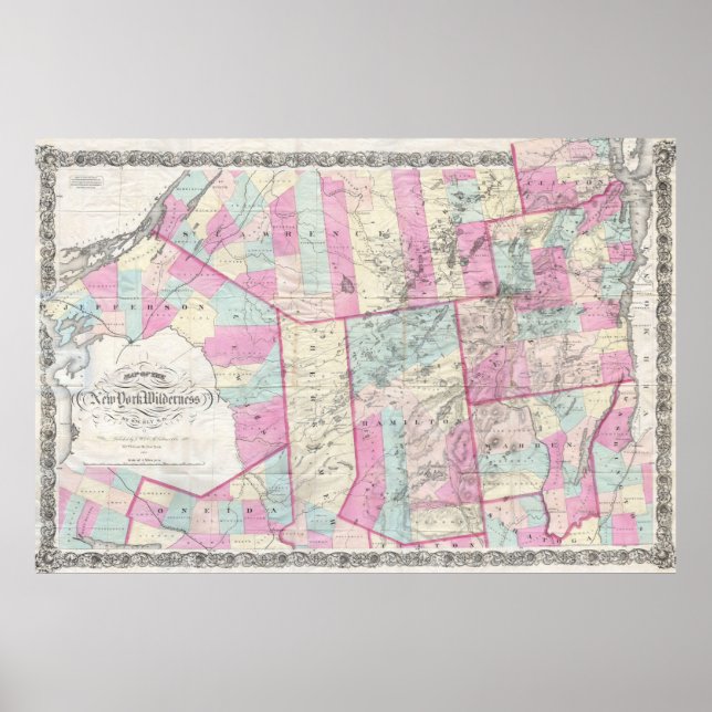 Vintage Karte der Berge von Adirondack (1867) Poster (Vorne)