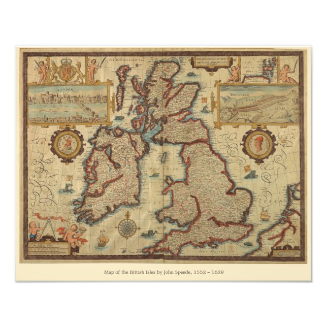 Vintage Karte der Britischen Inseln, 1552 - 1629 Fotodruck (Vorne)