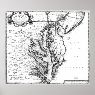 Vintage Karte der Chesapeake Bay (1719) BW Poster