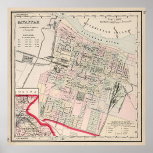 Vintage Karte der Savannah GA (1877) Poster