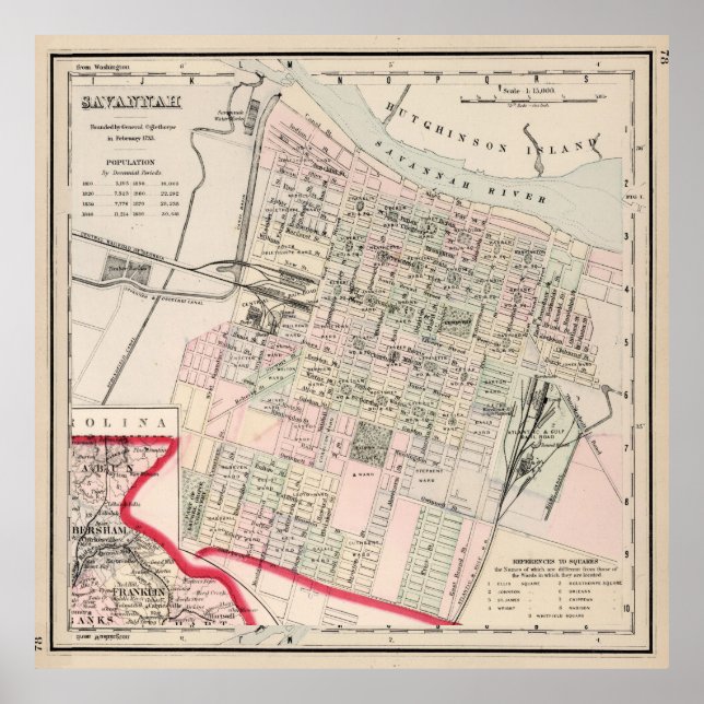 Vintage Karte der Savannah GA (1877) Poster (Vorne)