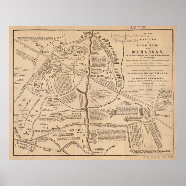 Vintage Karte der Schlacht beim Bullenlauf (1861) Poster (Vorne)