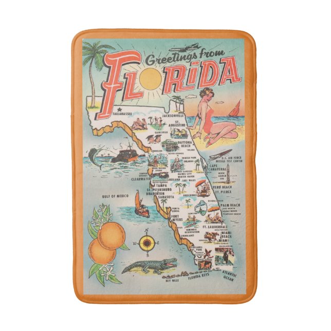 Vintage Karte der Sehenswürdigkeiten von Florida Badematte (Vorderseite Vertikal)
