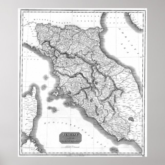 Vintage Karte der Toskana Italien (1814) BW Poster (Vorne)