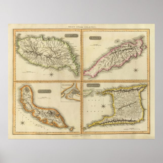 Vintage Karte der Unterkaribischen Inseln (1816) Poster (Vorne)
