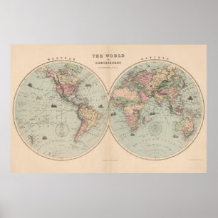 Vintage Karte der Welt (1873) Poster