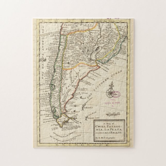 Vintage Karte des Chilen und Argentiniens (1732) Puzzle (Vertikal)