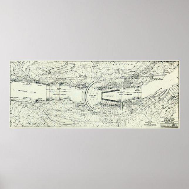 Vintage Karte des Hoover-Staudamms (1930) Poster (Vorne)