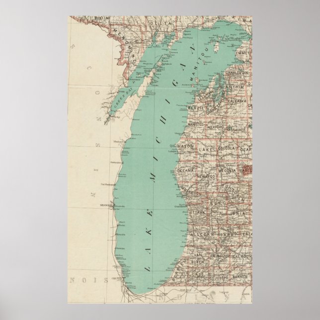 Vintage Karte des Michigansees (1888) Poster