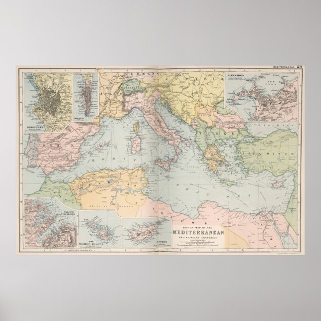 Vintage Karte des Mittelmeers (1891) Poster (Vorne)