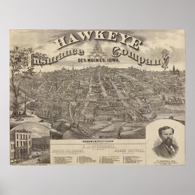 Vintage Karte des Moines Iowa (1875) Poster (Vorne)