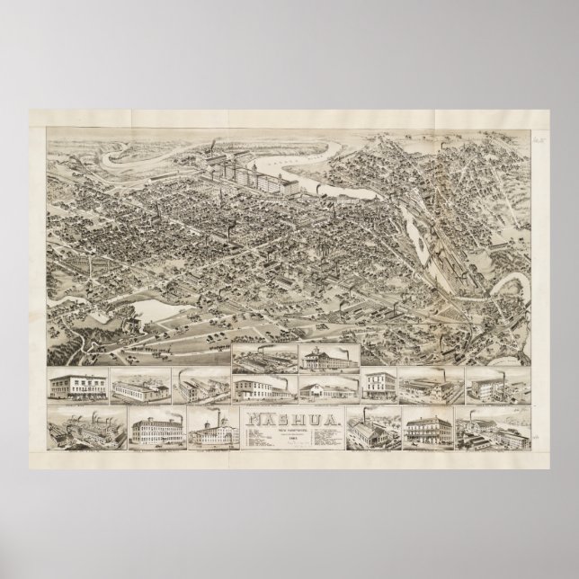 Vintage Karte des Nashua NH (1883) Poster (Vorne)