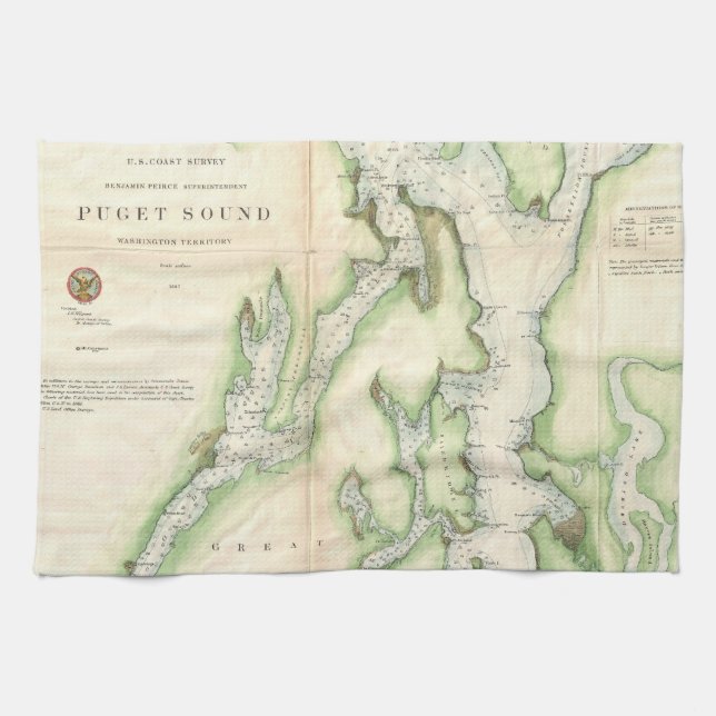 Vintage Karte des Puget Sound (1867) Handtuch (Horizontal)