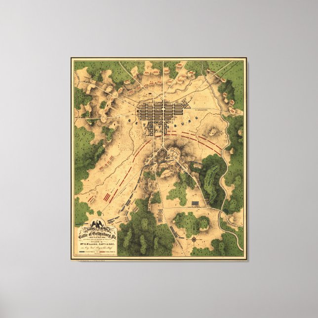 Vintage Karte des Schlachtfeldes von Gettysburg (1 Leinwanddruck (Vorderseite)