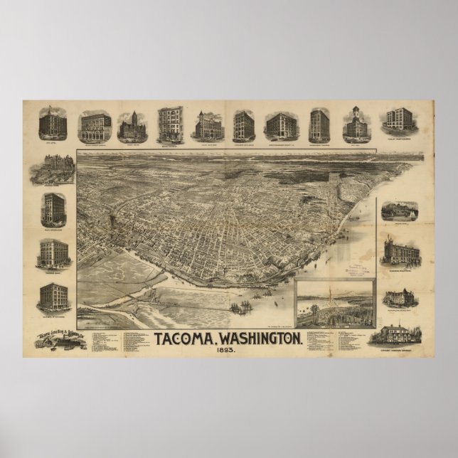 Vintage Karte des Tacoma WA (1893) Poster (Vorne)
