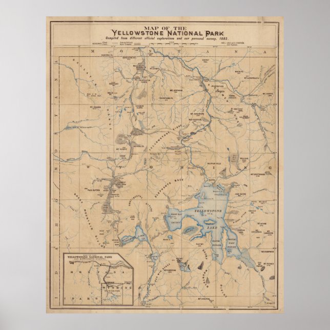 Vintage Karte des Yellowstone-Nationalparks (1889) Poster