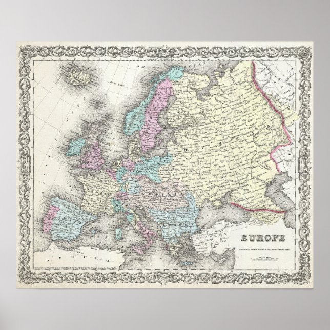 Vintage Karte Europas (1855) Poster (Vorne)