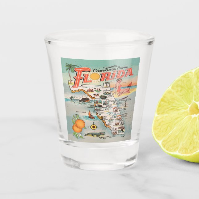 Vintage Karte Florida mit Retro-Illustrationen Schnapsglas (Vorderseite)