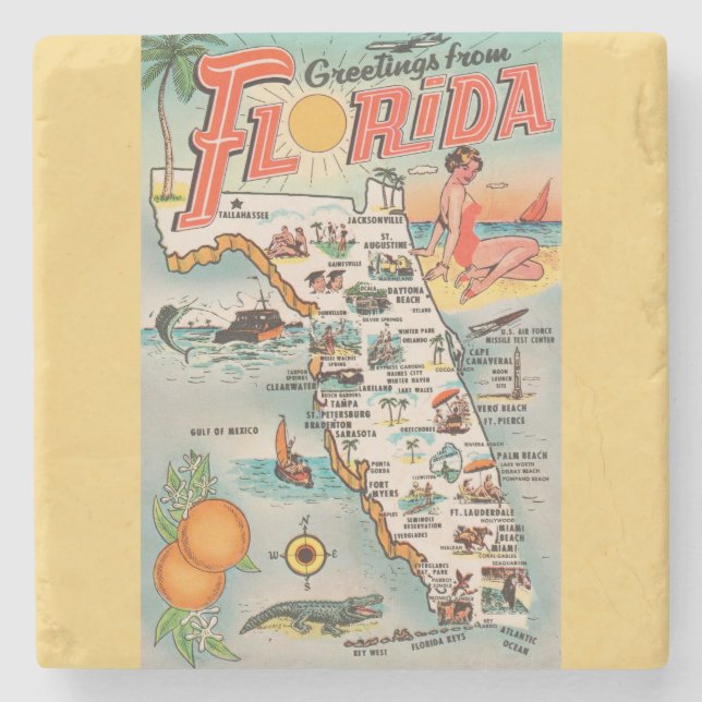 Vintage Karte Florida Steinuntersetzer (Vorderseite)