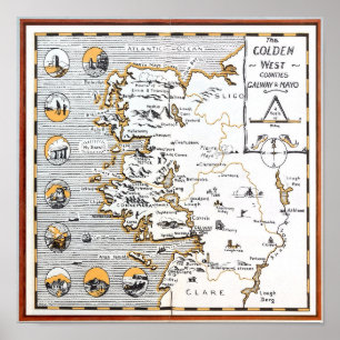 VINTAGE KARTE IRLAND LANDKREISE MAYO / GALWAY POSTER