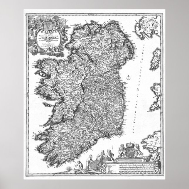 Vintage Karte Irlands (1716) BW Poster (Vorne)