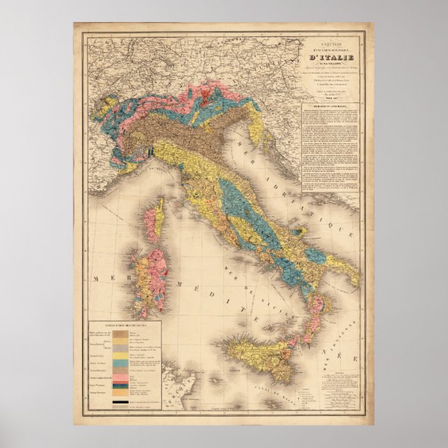 Vintage Karte Italiens für Geologie (1844) Poster (Vorne)