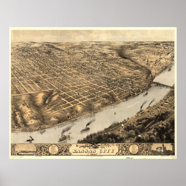 Vintage Karte Kansas City (1869) Poster (Vorne)