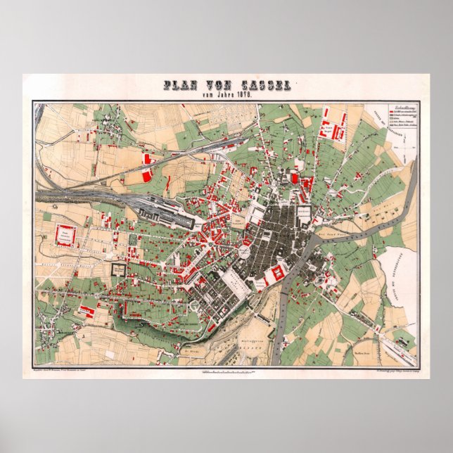 Vintage Karte Kassel Deutschland (1878) Poster (Vorne)