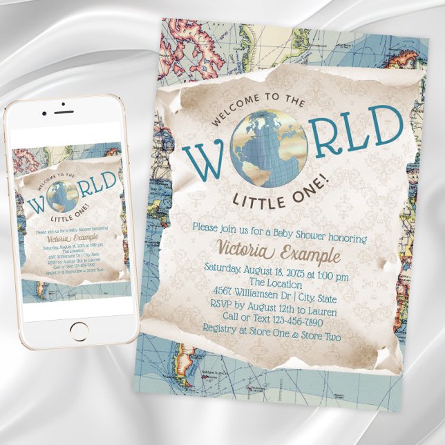 Vintage Karte Kinderdusche Einladungen (Vintage map baby shower invitation. Instant download and printed invitations available.)