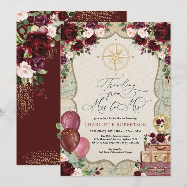 Vintage Karte Miss an Mrs Travel Brautparty (Vorne/Hinten)