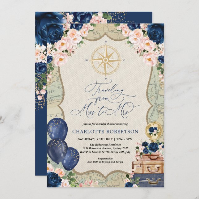 Vintage Karte Miss zu Mrs. Navy Blush Brautparty (Vorne/Hinten)