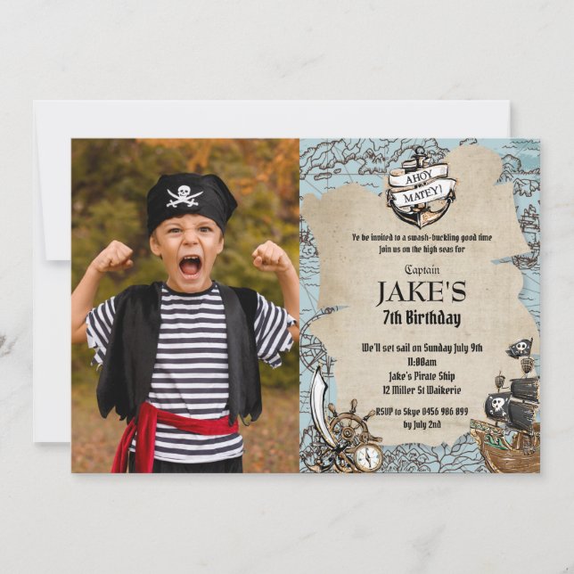 Vintage Karte Pirate Birthday Party Ahoy Matey (Vorderseite)