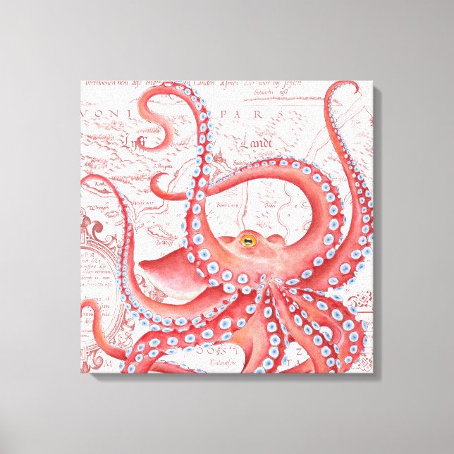 Vintage Karte Red Octopus White Leinwanddruck (Vorderseite)