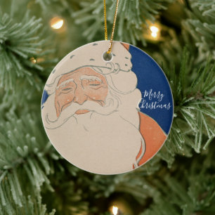 Vintage Karte Santa in Rot auf Blau Keramik Ornament