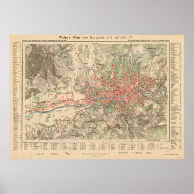 Vintage Karte Sarajevos Bosnien und Herzegowina Poster (Vorne)